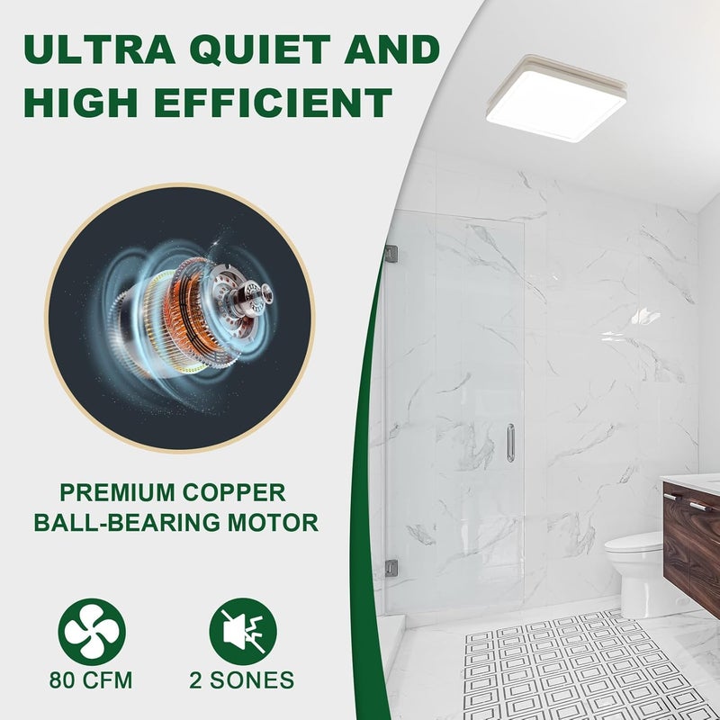 Akicon Bathroom Exhaust Fan with Light, 80CFM 2.0 Sones Exhaust Fan for Bathroom Ceiling, 15W Dimmable 3CCT LED Shower Lights & 3.5W Nightlight Vent Fan for Home, Square, White - Image 2
